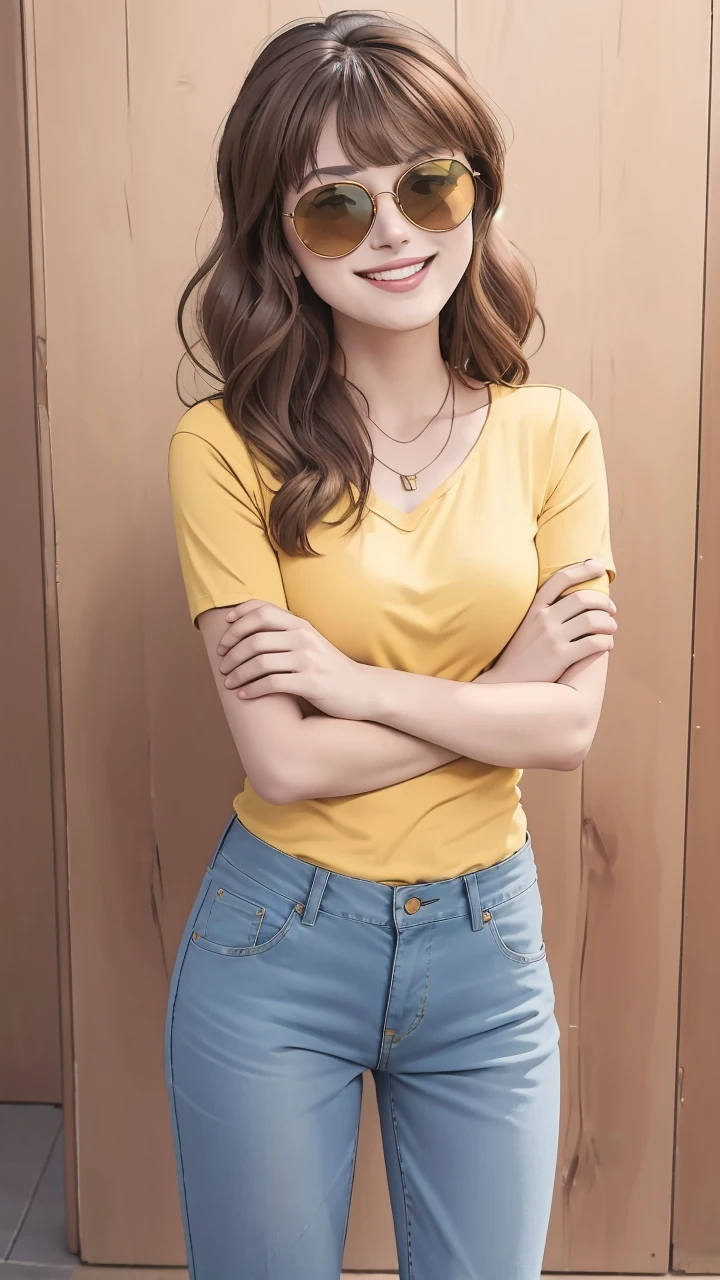 masterpiece, best quality, ultra detailed, <lora:Lelay:1>, brown hair, brown eyes, yellow shirt, jeans, blue pants, smile, closed_mouth, smile, standing, sunglasses, <lora:covering_breasts_v0.1:1>, crossed arms,sunglasses