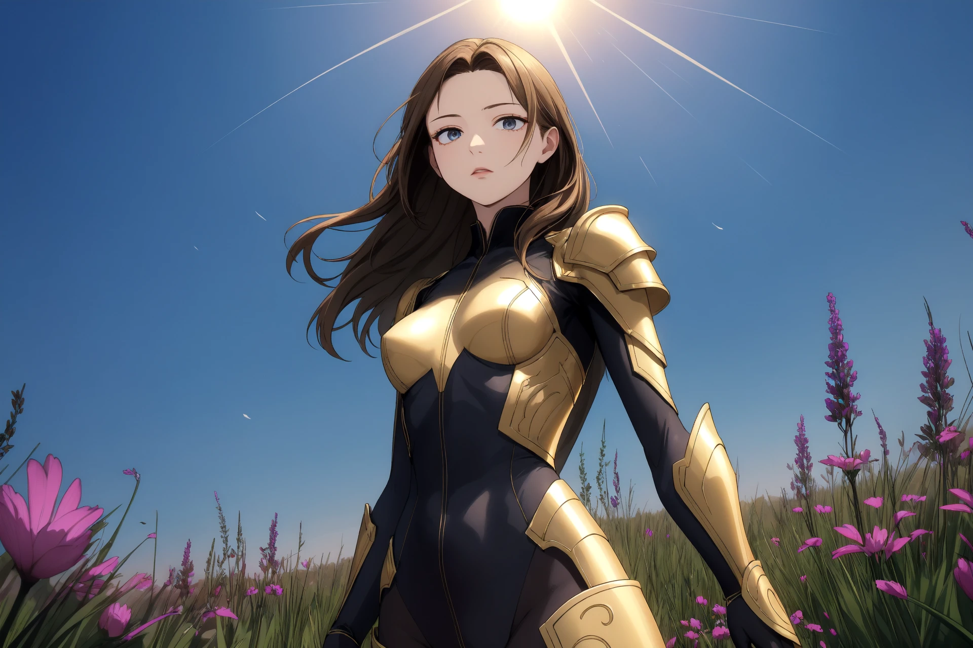 from below,(masterpiece),(best quality),(extremely intricate),(sharp focus),(glowy luminescence),(extremely detailed),A young girl in armor,standing in a meadow of wildflowers. She has long brown hair adorned with wildflowers. Her expression is determined,and her eyes are shining with courage. The sun is shining brightly behind her,casting a golden glow over the scene.,flower4rmor,flower bodysuit,Flower,
beautiful color, detailed, amazing quality, [by momoco|by quasarcake], (by wlop:0.6)
BREAK, <lora:low_ponytail-1.0:1><lora:hyperdetailer_v095:0.3>