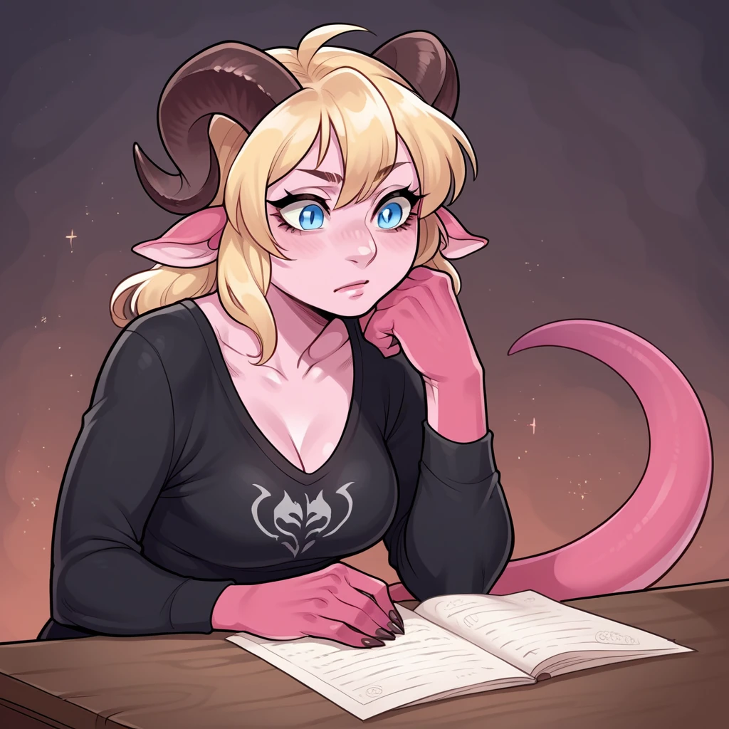<lora:Adalee_Style_PonyXL:0.65>, adalee, score_9, score_8_up, score_7_up, score_6_up, score_5_up, score_4_up, source_furry, source_anime, rating_safe, 1girl, solo, horns, breasts, tail, monster girl, medium breasts, demon, detailed background, clothed, clothing, blonde hair, blue eyes, pink body, in the distant future, leaning on table