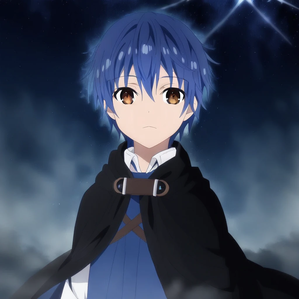 itsuka shido, 1boy, solo, male focus, blue hair, brown eyes, cloak, look at viewer, blow wind, lighting particle, strong rim light, starry sky, (moonlight), fog, snowflake, upper body,