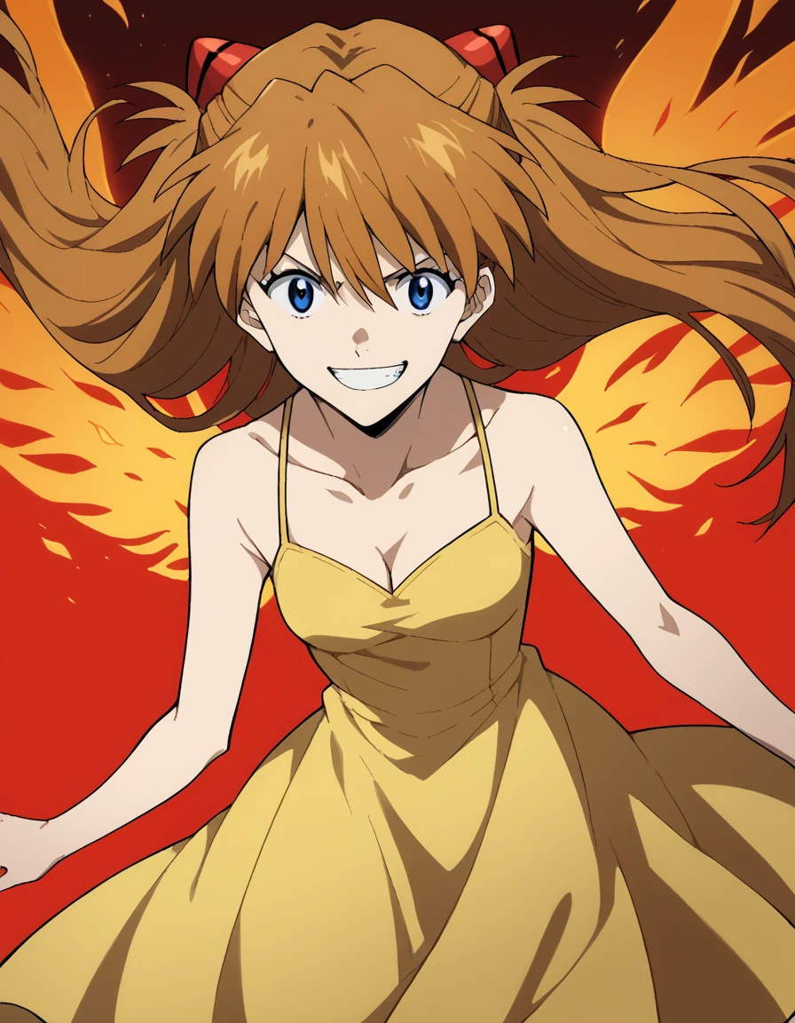 score_9, score_8_up, score_7_up, source_anime,
asukalangley, <lora:asuka-langley-soryu-rebuild-ponyxl-lora-nochekaiser:1>,
asuka langley soryu, long hair, bangs, blue eyes, brown hair, hair ornament,
dress, cleavage, yellow dress, sundress, collarbone, bare shoulders,
grin, <lora:fiery-wings-ponyxl-lora-nochekaiser:1>, fiery wings,
looking at viewer, cowboy shot, dutch angle, solo,