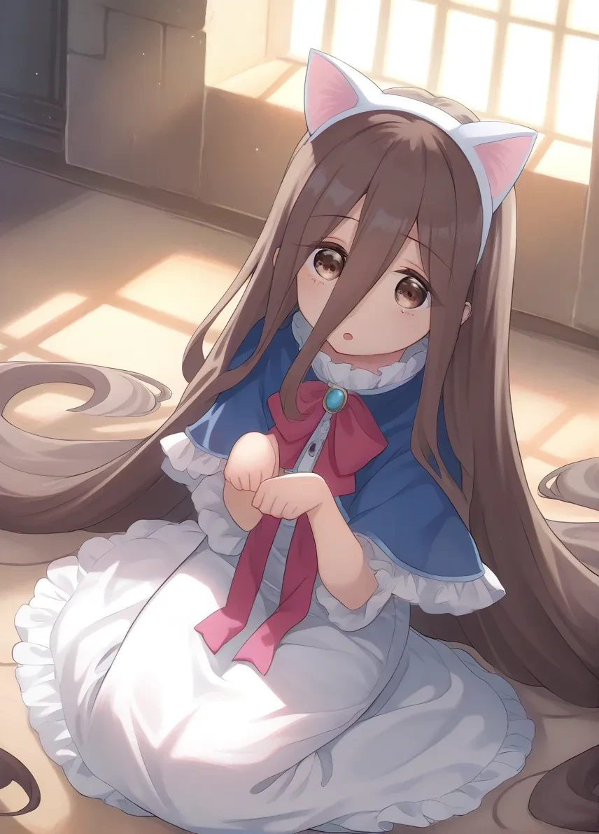 score_9, score_8_up, score_7_up,score_6_up, 1girl sitting on the floor, castle, window, sunlight, paw pose, fake cat ears, open mouth,
<lora:sense_sousou no frieren_PONY_last:0.6> sense \(sousou no frieren\),brown eyes,very long hair,absurdly long hair,hair between eyes,eyes visible through hair, blue capelet,frilled dress,white long dress
<lora:fishinlol_style_pony6_v3-000038:1>