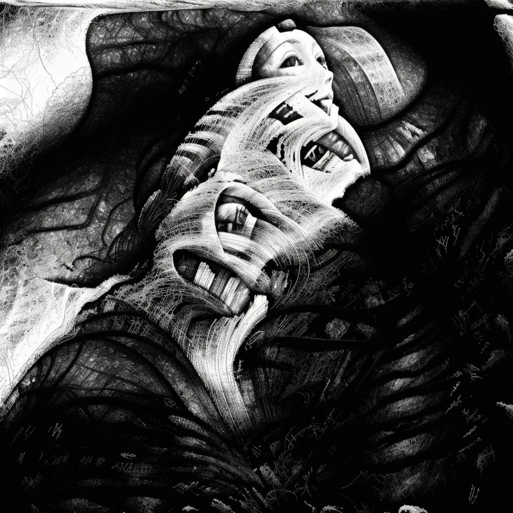scrxy, monochrome print of persons portrait looking up, holy cyberpunk scene, cloth nature trees waterfall in background, surreal, deformed, monochrome, thin pen strokes, <lora:scrxy:1.1> style, high contrast