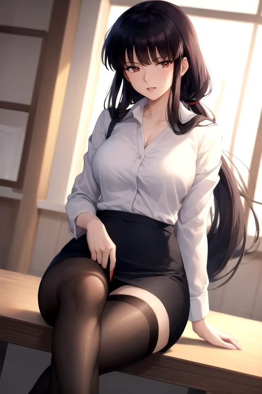 (masterpiece,best quality),kikyou \(inuyasha\), 1girl, solo,business suit, office lady,  <lora:kikyou:1>,zettai ryouiki, parted lips, thighs, sitting, black legwear, black theme,indoors, sunlight, lens flare,