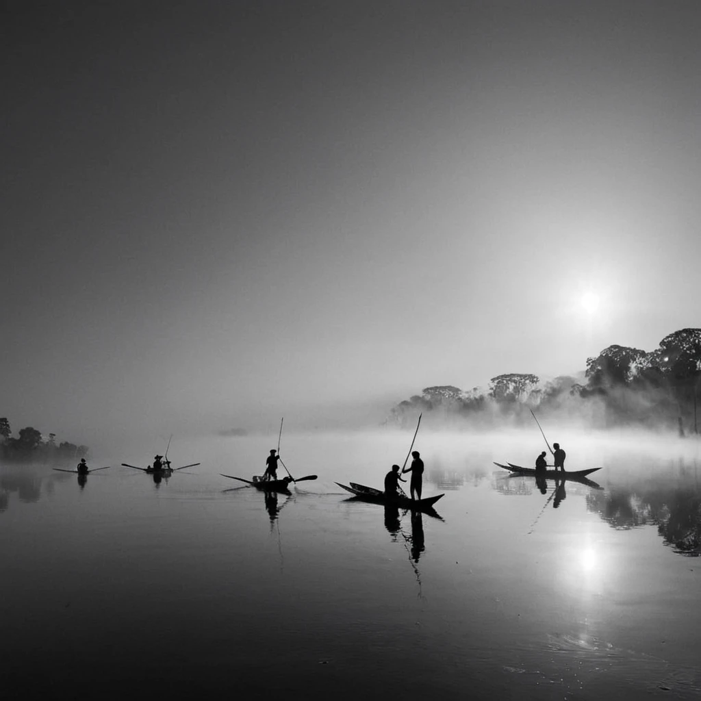 a (black and white:1.5) photo of silhouettes of amazon indigenous on small narrow boats, using long poles, navigating a calm, misty river, sun is low on the horizon visible through the fog, reflection on the water, more boats visible in the distance, ethereal quality, high contrast, extreme details, intricate details, 8k, 35mm photo, photorealism, realistic photo, national geographic style, masterpiece