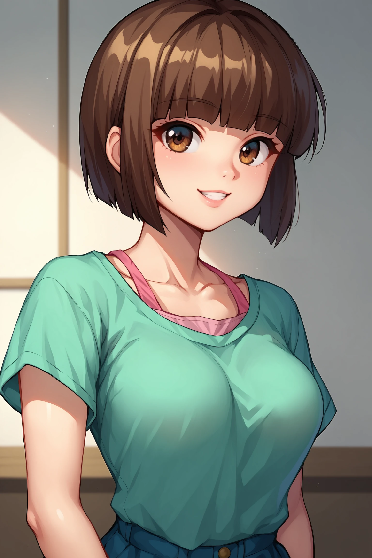 score_9, score_8_up, score_7_up, score_6_up, score_5_up, score_4_up, NabikiTendouRXLv2, 18years, big eyes, brown eyes, brown hair, short hair, bob cut, blunt bangs, medium breasts, short sleeves, loose shirt, pink strap, green shirt, solo, front view, (portrait, upper body), solo focus, seductive smile, looking at viewer, indoors <lora:NabikiTendouRXLv2:0.8>