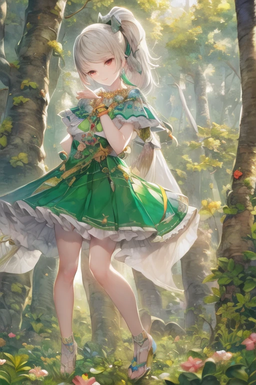 nahidadef,sumeru,masterpiece,best quality,highres,ultra detailed,high saturation,super detailed,short female,4k,8k,1girl,childish,solo,close,full body,realistic lighting,high saturation,bright theme,bright colorful,white hair,gradient hair,green tips,ponytail,delicate beautiful face,no lips,cheerful smile,closed mouth,pure green eyes,clover-shaped pupils,detailed eyes,eye highlights,cheerful,default outfit,medium-length sleeveless dress,short detached green sleeves,green cape,large bracelet,single large golden bracelet in the right hand,sky,sunrise,trees,forests,sitting,flowers,one hand up.,
in summer,treehouse,loincloth,<lora:v3_epoch_7:1.1>,