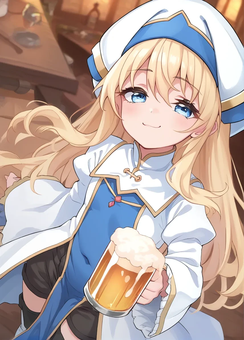 score_9, score_8_up, score_7_up,score_6_up, 1girl in a tavern, smug, holding a beer mug,
<lora:priestess_goblin slayer_PONY_epoch-000020:0.6> priestess-default,(priestess from goblin slayer:0.8),blue eyes,long hair, blonde hair,white headwear,white dress,frilled sleeves, blue pelvic curtain,(black shorts:0.9),thighhighs,white boots, priestess-shirt
<lora:fishinlol_style_pony6_v3-000038:1>