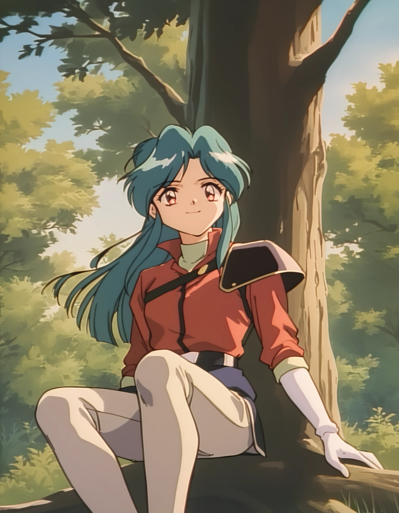 score_9, score_8_up, score_7_up, source_anime, <lora:diana-minerva-ponyxl:0.9> 1girl, solo, mnkda, uniform, red shirt, single shoulder pad, sitting, smile, against tree