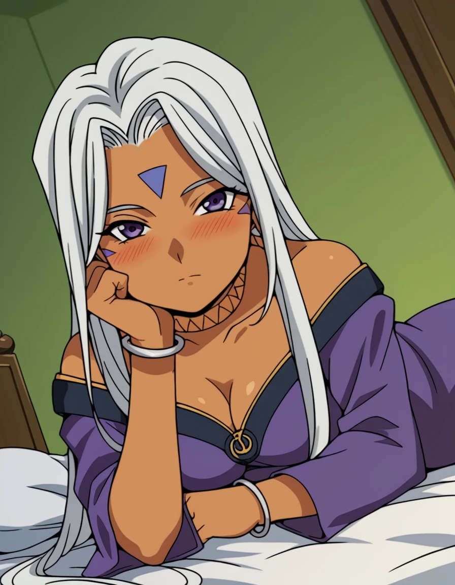 score_9, score_8_up, score_7_up, source_anime,
goddessurd, <lora:goddess-urd-s2-ponyxl-lora-nochekaiser:1>,
goddess urd, long hair, purple eyes, white hair, dark skin, dark-skinned female, facial mark, forehead mark,
cleavage, bare shoulders, jewelry, choker, off shoulder, bracelet, dress, purple dress,
indoors, bed, bed room, on side, blush, drunk,
looking at viewer, cowboy shot, solo, dutch angle,