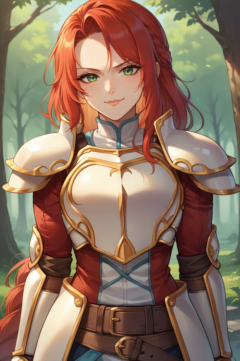 score_9, score_8_up, score_7_up, score_6_up, source_anime BREAK 1girl, solo, <lora:fetitania-pdxl-nvwls-v1-000005:1> defTitania, red hair, green eyes, braided ponytail, armor, shoulder armor, red coat, gauntlets, belt, pelvic curtain, pants, smirk, looking at you, forest, upper body