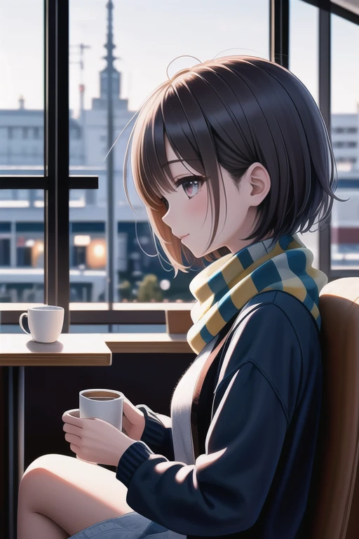 A three-quarter view of an anime high school girl in a cozy café, wearing a casual outfit with a scarf. Her hair is short and cute, and she holds a cup of coffee, looking at a friend.
<lora:LCM_LoRA_Weights_SD15:1> <lora:add\ImageEnhanceL:.7>