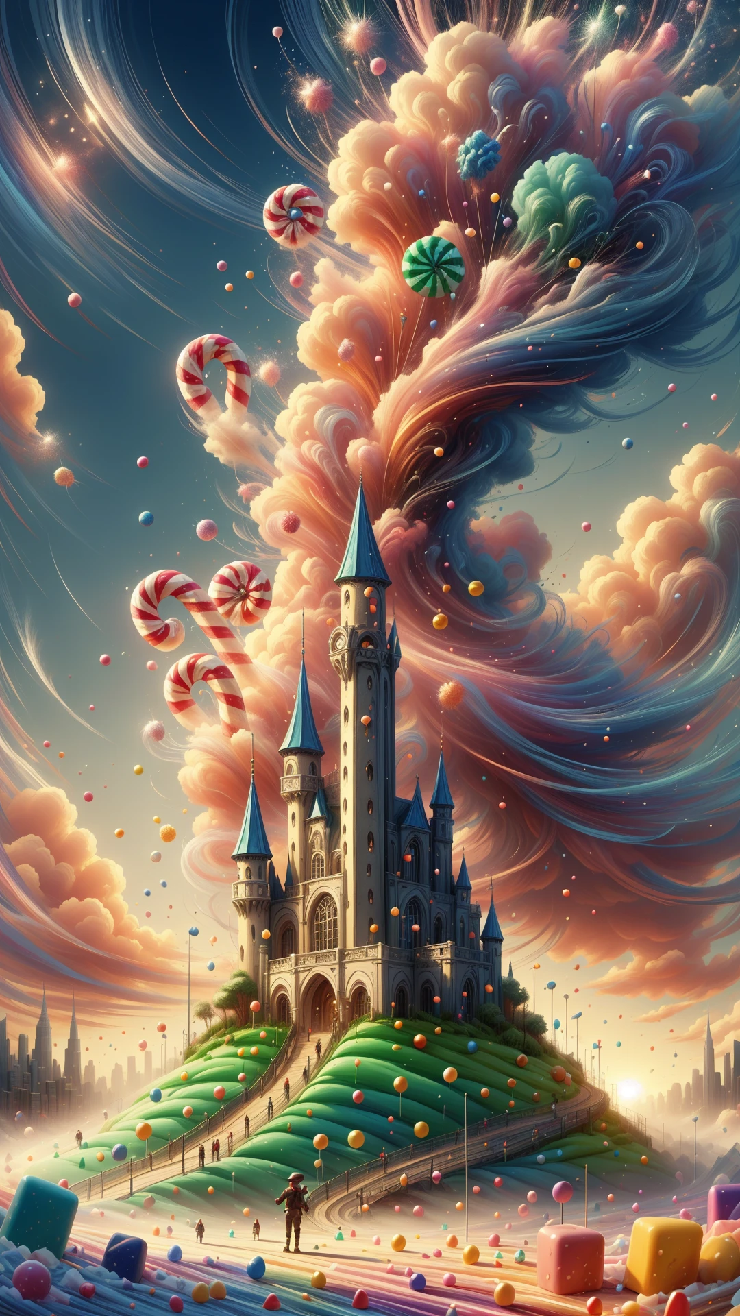 <lora:ElementWind:1.0> Fireworks,Stylized illustration of a cityscape made entirely of candy, Colorful, Detailed buildings made of candy canes, gumdrops, and chocolate, People in the streets made of candy, Ice cream clouds, Rainbow-colored sunset, Happy atmosphere, Bright, vibrant colors, Whimsical, Playful, Detailed, 3/4 perspective, Isometric view, Digital painting, High contrast, Crisp, Clean, High definition, Artstation, Concept art, Illustration, Wallpaper, Promo art, Splash art, Dramatic lighting, Candyland, Sweet, Delicious, Charming, Magical, Enchanting, (Masterpiece:1.3) (best quality:1.2) (high quality:1.1)