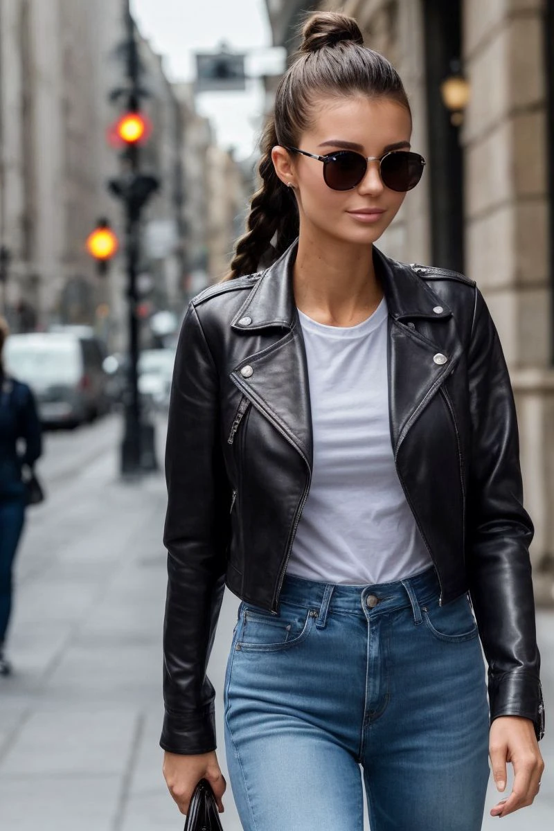photo of S429_CocoNady,a stylish woman,in a (city:1.1),wearing a (leather-jacket:1.1),(shirt),(jeans),(braid),(4k, RAW photo, best quality, 50mm, depth of field, ultra high res:1.1),(intricate, photorealistic, cinematic-shot, masterpiece, ultra-detailed:1.1),
