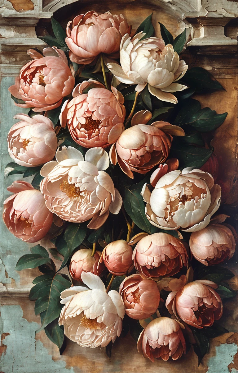 masterpiece,best quality,<lora:tbh193-sdxl:0.9>,illustration,style of Michelangelo Buonarroti, decaying peonies