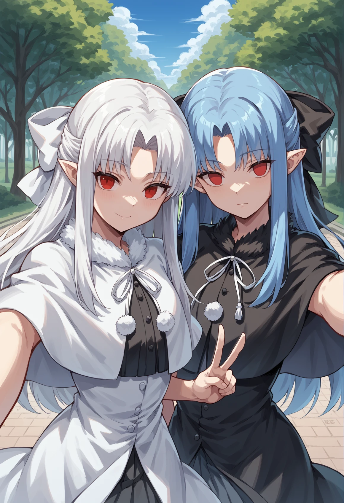 2girls, white hair, blue hair, long hair, red eyes, pointy ears, white hair ribbon, black hair ribbon, black dress, white dress, black capelet, white capelet, black skirt, fur trim, smile, outdoors, walking, pointing, park, looking at viewer, cowboy shot, hug, selfie, (v) <lora:Len_tsukihime:1>