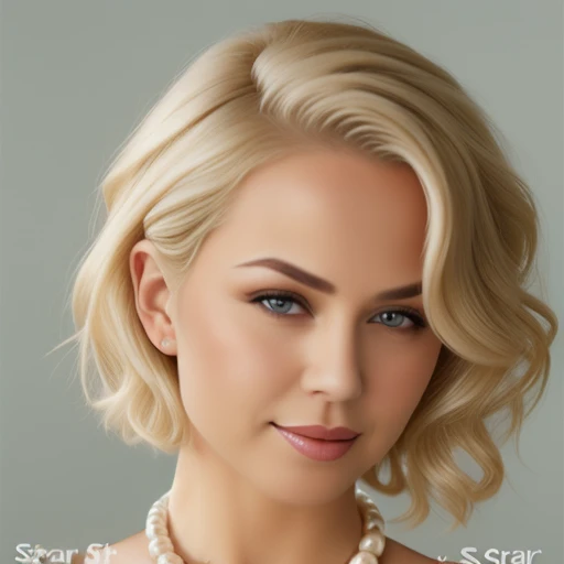 pearl necklace, blonde hair, lips, simple background, breasts, short hair, solo, grey background, realistic, black eyes