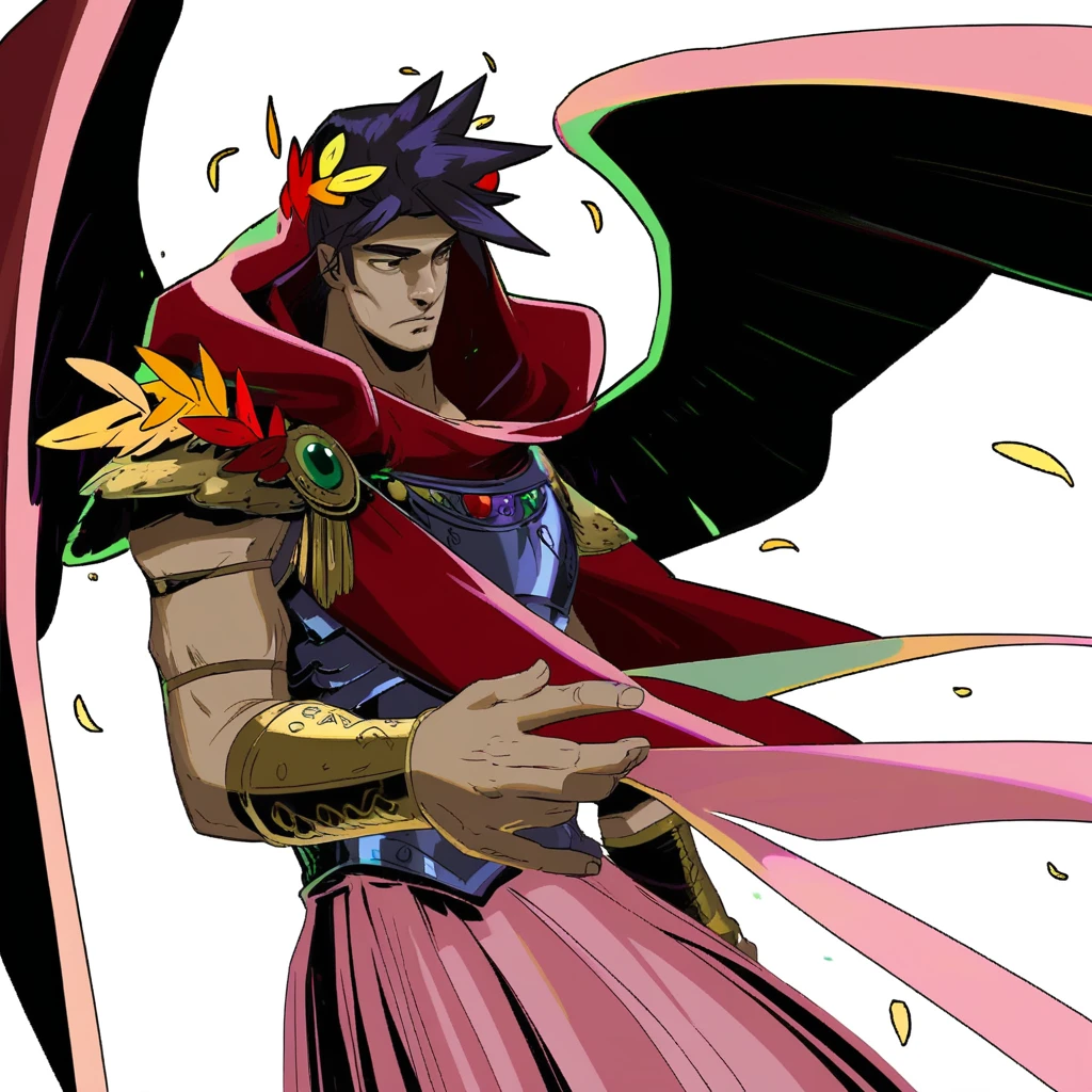 H2Style, Stylized, Posing, red and yellow laurel crown, archer, black, arm guards, shoulder pauldrons, green gemstones, skirt, long fingers, gold armor, intricate bracers, Apollo, flowers, flowing, pink trim, red cloak, shadowed, White Background, green ribbon, purple and black wings, gold and blue armor, hooded, Looking away, adventurous, wrist guards