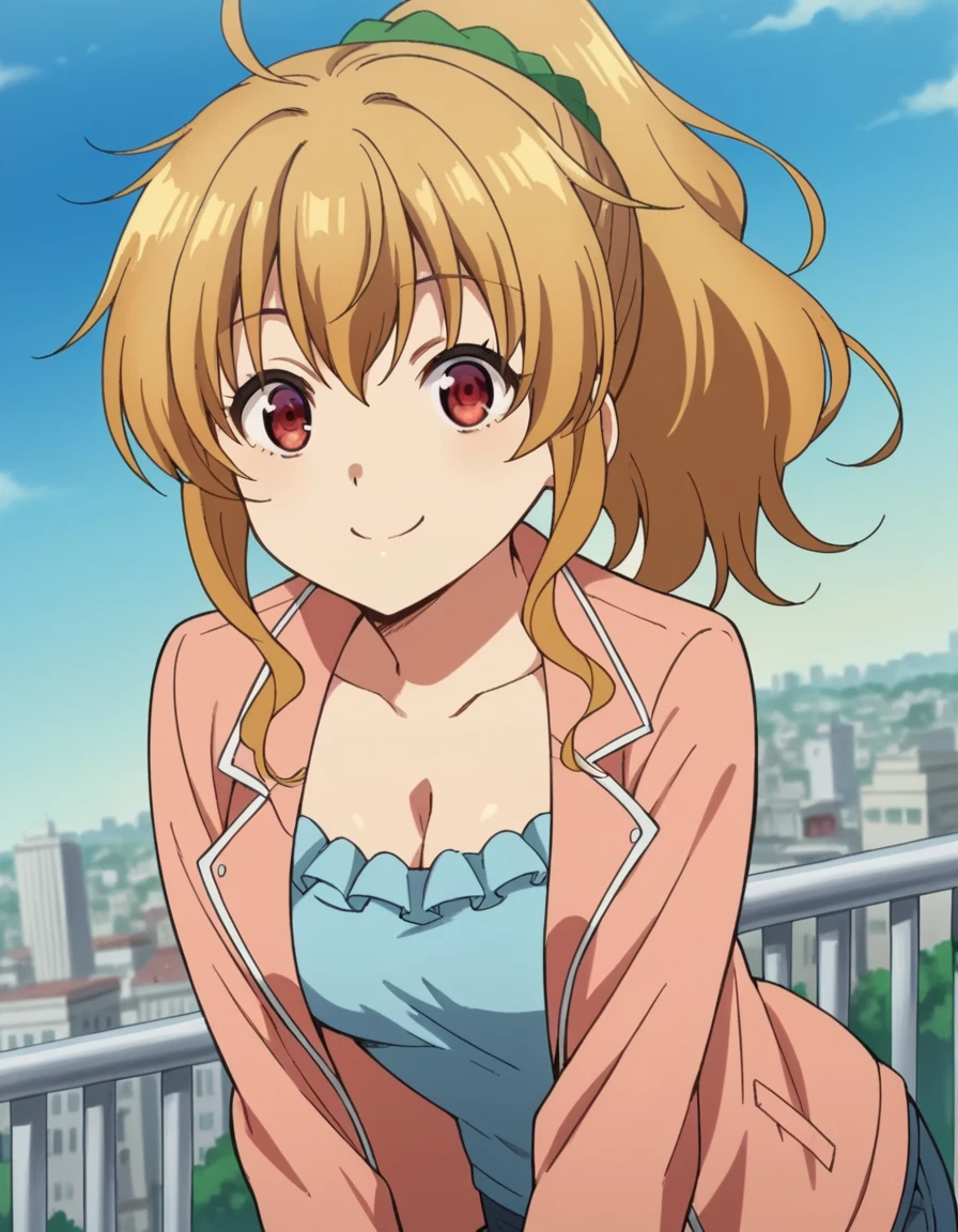 score_9, score_8_up, score_7_up, source_anime,
nanakokogure, <lora:nanako-kogure-s1-ponyxl-lora-nochekaiser:1>,
nanako kogure, long hair, brown hair, red eyes, ponytail, ahoge, scrunchie, green scrunchie,
cleavage, jacket, pink jacket, frills, shirt, blue shirt, pants, denim, frilled shirt,
outdoors, cityscape, bent over, smile,
looking at viewer, cowboy shot, solo, dutch angle,