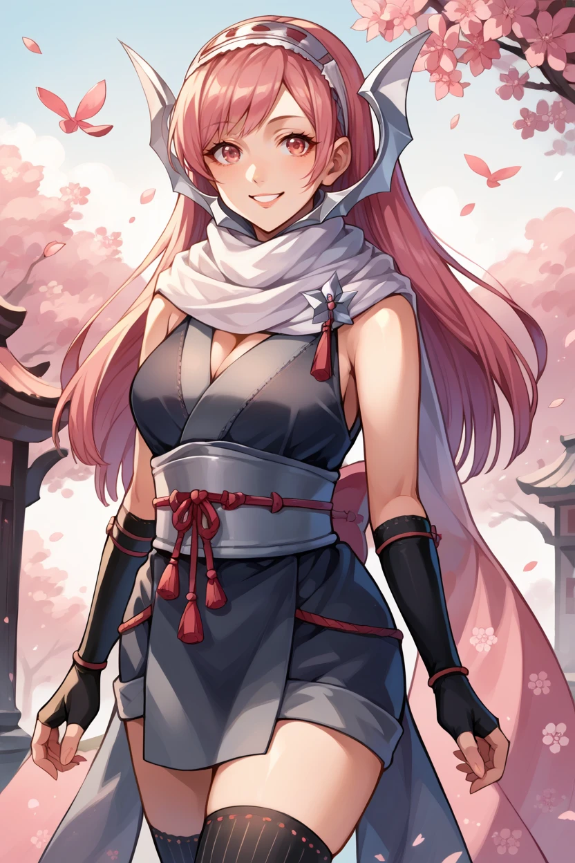 score_9, score_8_up, score_7_up, score_6_up, source_anime BREAK 1girl, solo, <lora:fecherche-pdxl-nvwls-v1-000005:1> ninCherche, pink hair, hairband, headgear, white scarf, black kimono, sleeveless, cleavage, sash, arm guard, fingerless gloves, black thighhighs, looking at you, smile, cherry blossoms, happy
