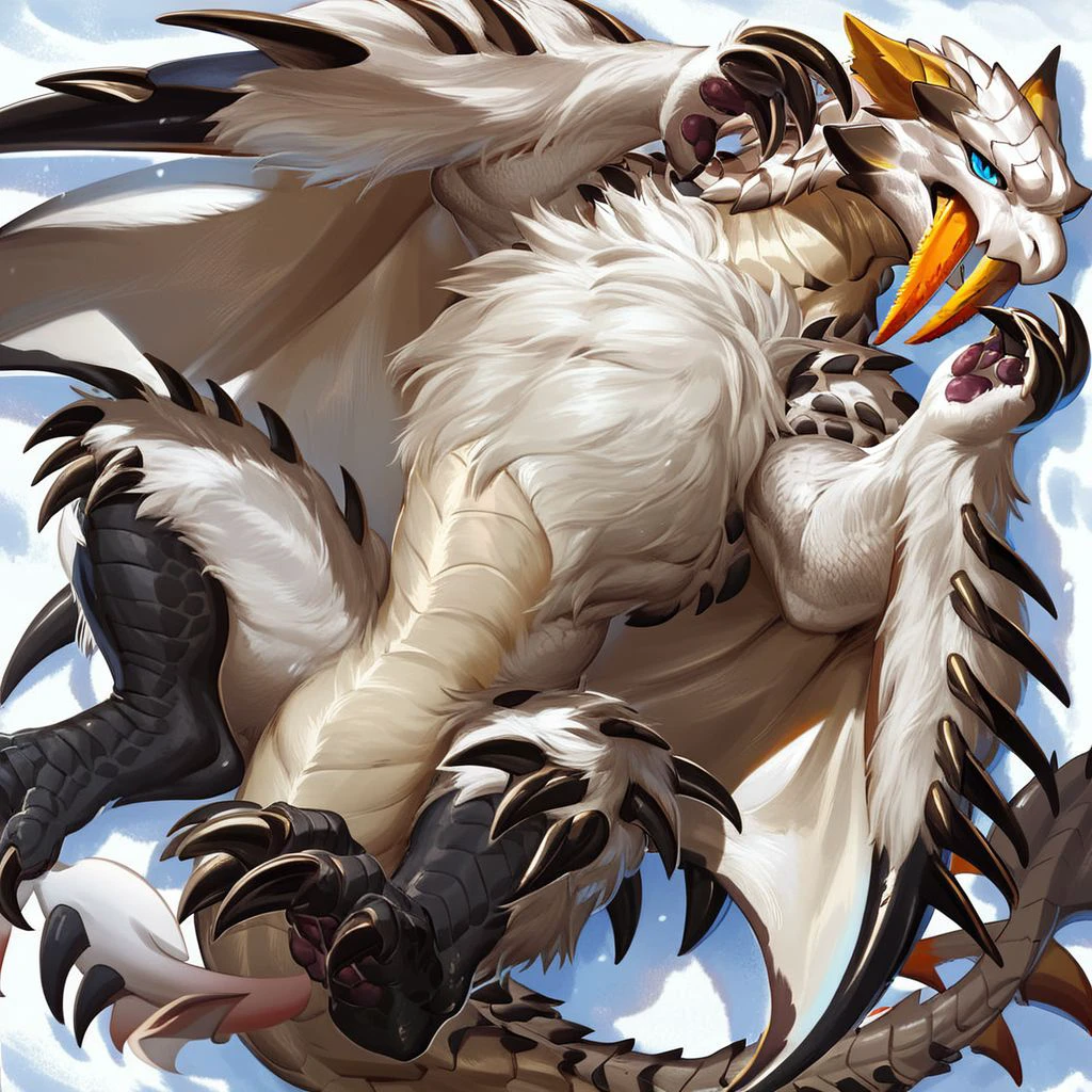 barioth, dragon, wyvern, anthro, lying on back, big fang, saber tiger fangs, orange fangs, white scale, white fur, black spike, wing arms, dragon tail, sharp eyes, snow leopard dragon, claws, blue eyes, detailed eyes, beautiful eyes, detailed, masterpiece, score_9, score_8_up, score_7_up, score_6_up, best quality