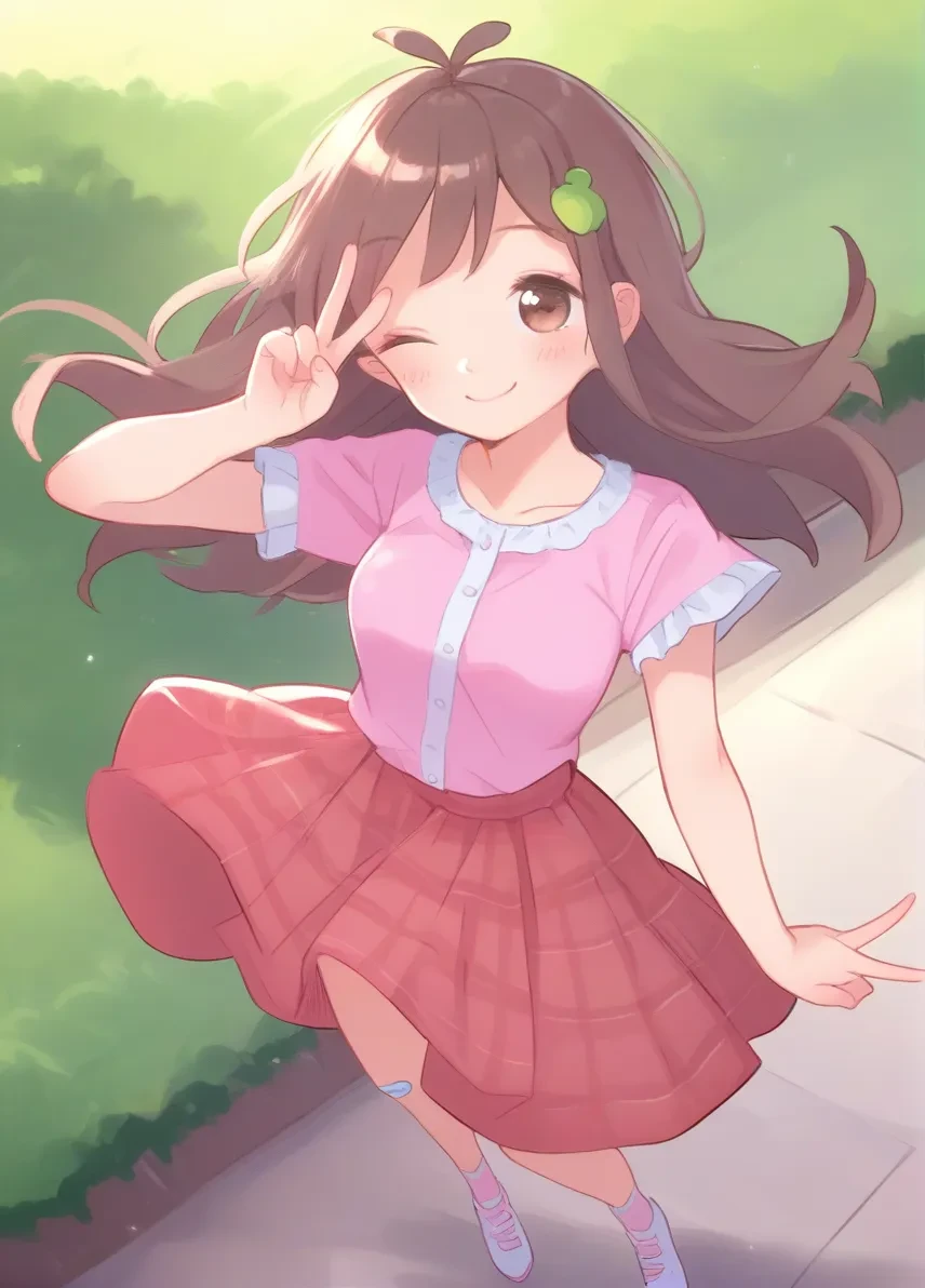 score_9, score_8_up, score_7_up,score_6_up, 1girl in the park, medium breasts, smile, standing, v, one eye closed, brown eyes, shirt, brown hair, hair ornament, frills, blush, short sleeves, pink shirt, plaid, wariza, medium hair, long hair, plaid skirt, bandaid on knee, pink skirt, frilled skirt, antenna hair, white footwear, red skirt,
<lora:fishinlol_style_pony6_v3-000038:1>