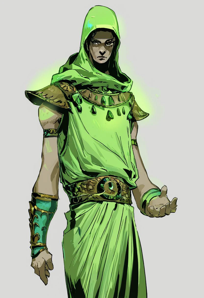 Wizardry, H2Style, Stylized, high contrast, vibrant colors, white background,bronze bracers, Posing,  archer, black, arm guards, shoulder pauldrons, green gemstones, intricate bracers,  hooded, Looking away