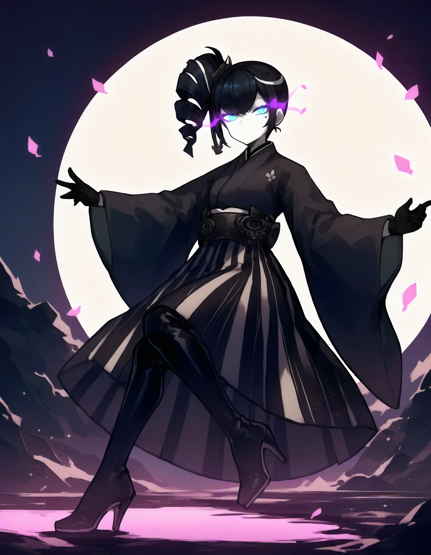 score_9,score_8_up, score_7_up,source_anime,1girl,
full body,looking at viewer,night,dark theme,
<lora:ancientdestroyeroni_ponyXLV6:0.7>,asadon,
pale skin,mole under eye,cyan eyes,glowing eyes,
black hair,side ponytail,side drill,hair ornament,
japanese clothes,black kimono,
black striped hakama skirt,black gloves,
black thigh boots,high heels