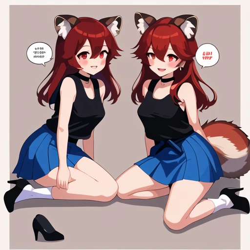 black shirt, red hair, hair between eyes, bush, bare arms, speech bubble, white socks, black footwear, house, white choker, white tank top, saliva, parted lips, blue skirt, earrings, raccoon girl, sailor collar, high heels, brown background, collared shirt, black belt, shirt, smile, raccoon tail