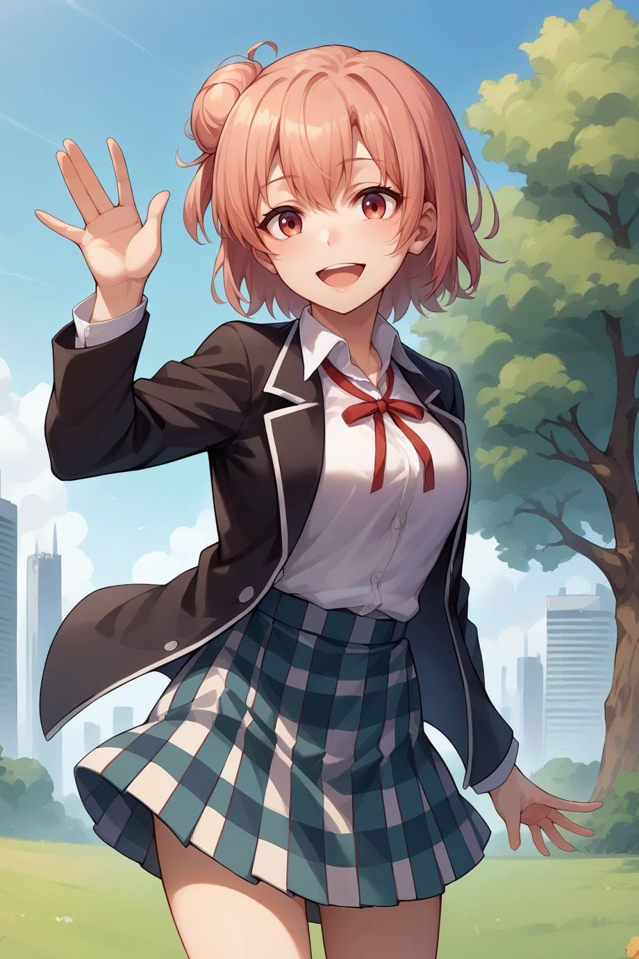 score_9, score_8_up, score_7_up, source_anime, cowboy shot, looking at viewer, smile, open mouth, yyghm, short hair, single hair bun, black jacket, open jacket, neck ribbon, collared shirt, plaid skirt, black kneehighs, waving, outdoors, grass, tree, skyline, <lora:Hoseki_Oregairu_YuiYuigahama_PDXL_v1:1>