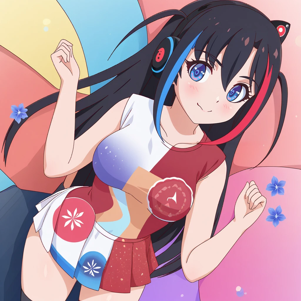 a detailed illustration of a vivid and cute masterpiece, best quality, very aesthetic, absurdres, kuria, 1girl, solo, black hair, two-tone hair, blue and red hair, medium breasts, blue eyes, looking at viewer, dynamic pose, cowboy shot, <lora:KuriaOCxl16.0.931tx1-000015:0.9>, head print, fantasy flower splash, vintage t-shirt design, in the style of Studio Ghibli, pastel tetradic colors of white, lilac and navy blue flora, 3D vector art, cute and quirky, fantasy art, watercolor effect, bokeh, Adobe Illustrator, hand-drawn, digital painting, low-poly, soft lighting, overhead view, isometric style, retro aesthetic, character focus, 4K resolution, photorealistic rendering, using Cinema 4D
