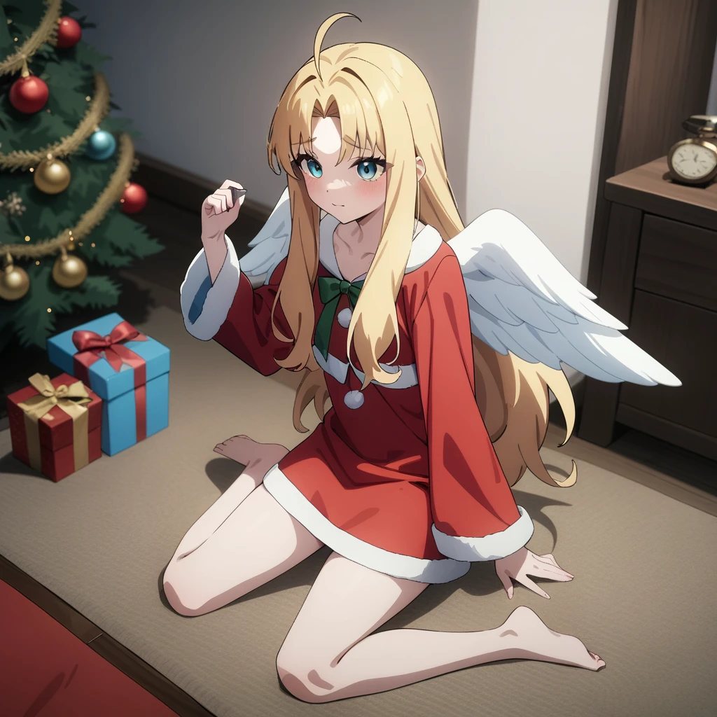 santa costume, barefoot, bare legs, tny-filo, white wings, ahoge, (full body), collarbone, solo, 1girl, masterpiece, best quality, very aesthetic, absurdres, newest <lora:tny-filo-V03:0.6>