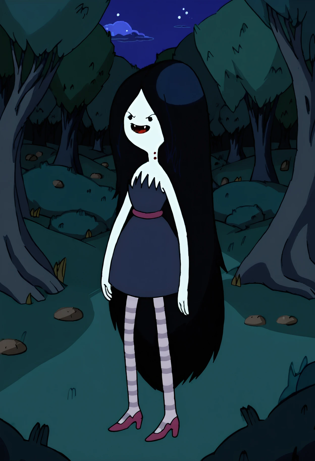 marceline, 1girl, fangs, long hair, black hair, dress, striped shirt, very long hair, striped pantyhose, solo, black eyes, bite mark, solid circle eyes, open mouth, high heels, smile, tree, grey skin, forest, vampire, standing, pantyhose,outdoors, night, night sky, <lora:MarcelinePony1.1:1>, score_9, score_8_up, score_7_up, score_6_up, score_5_up, score_4_up, looking at viewer, cowboy shot,tree, forest,