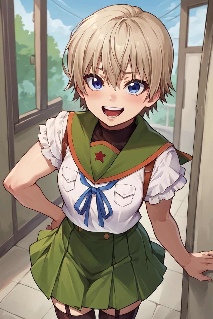 score_9, score_8_up, score_7_up, source_anime BREAK 1girl, solo, <lora:gakkou_miki:1>, gakkou_miki, school uniform, green skirt, green sailor collar, frilled sleeves, black thighhighs, garter straps, short hair, blue eyes, bangs, looking at you, laugh