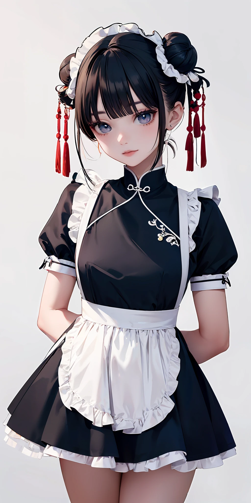 masterpiece,ultra-detailed,best quality,8K,illustration,cute face,clean skin ,shiny hair,
girl,,simple background,cowboy shot, <lora:china maid_V1.0:0.8> jyojifuku, china maid, apron, frills, double bun
