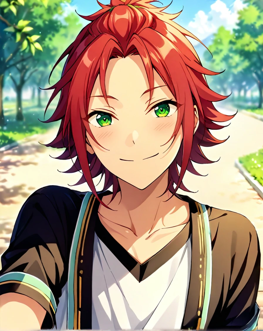 masterpiece, best quality, very aesthetic, absurdres, very detailed, score_9, score_8_up, score_7_up, depth of field, ((1boy, solo, male only, male focus, face focus)), (isara_mao, green eyes, red hair, medium hair, long bangs, adult), happy, looking at viewer, facing viewer, collarbone, outdoors, <lora:Lightning-8:1> <lora:Isara_Mao_SDXL_LoRA:0.74>