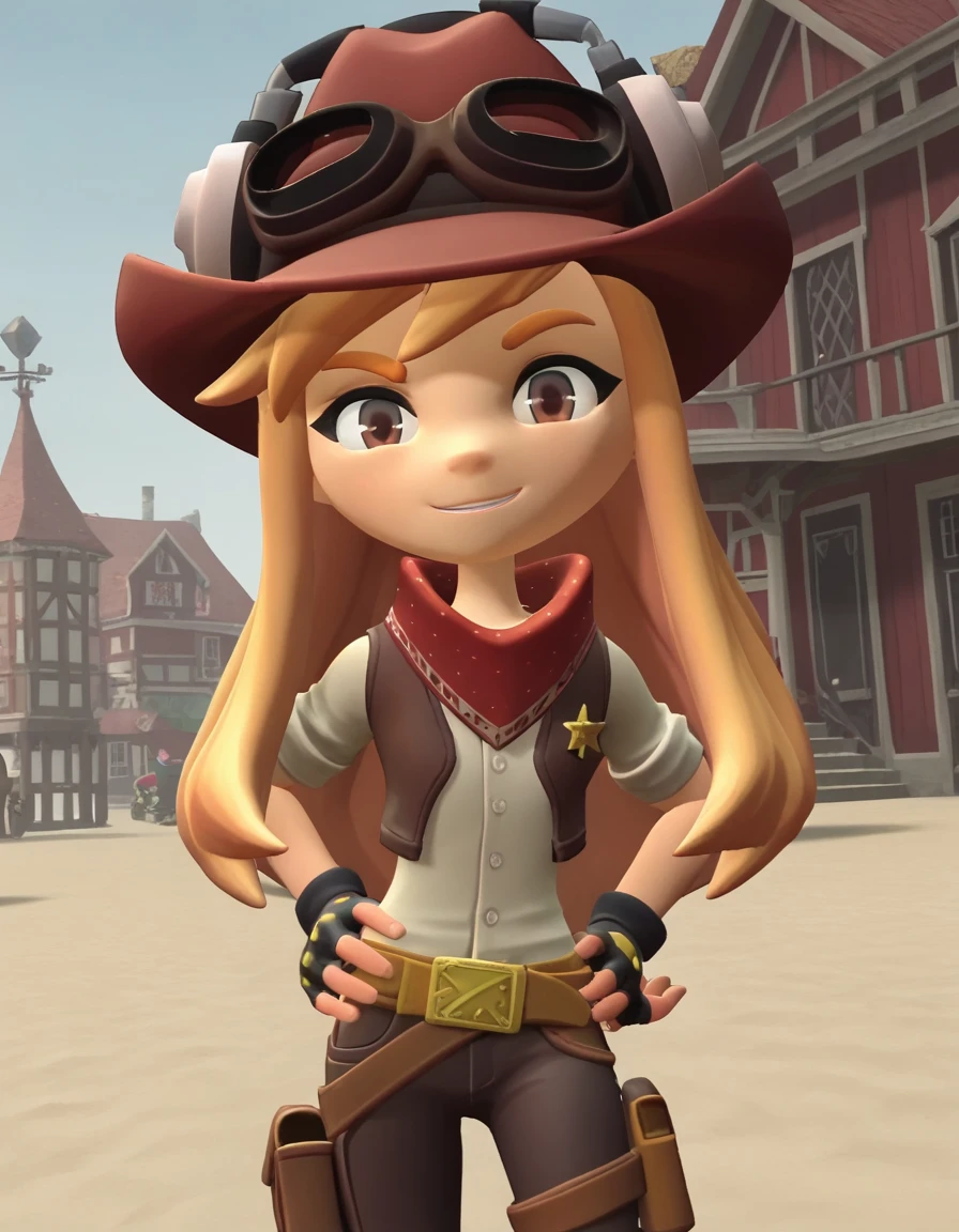 score_9, score_8_up, score_7_up, source_anime,
meggyspletzer, <lora:meggy-spletzer-ponyxl-lora-nochekaiser:1>,
meggy spletzer, long hair, blonde hair, brown eyes, 3d,
gloves, hat, pants, fingerless gloves, eyewear on head, cowboy hat, cowboy western,
outdoors, dessert, hands on hips, smile,
looking at viewer, cowboy shot, dutch angle, solo,