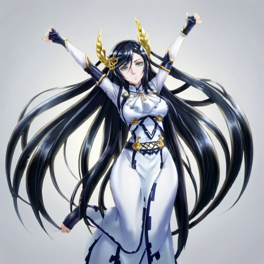 anime artwork a  full body tall woman in a white dress, long black hair, golden head ornament, detailed eyes <lora:Brunhilde1024:0.8> . anime style, key visual, vibrant, studio anime,  highly detailed