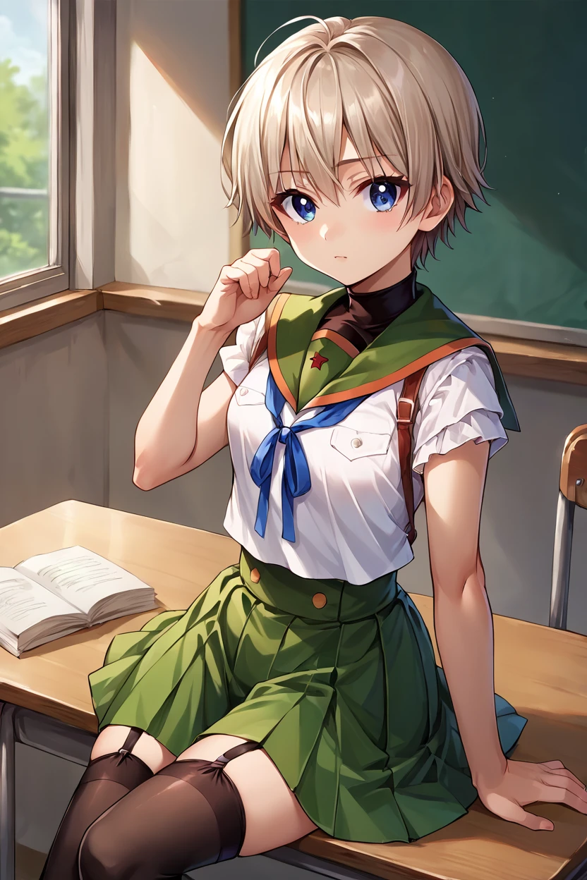 score_9, score_8_up, score_7_up, source_anime BREAK 1girl, solo, <lora:gakkou_miki:1>, gakkou_miki, school uniform, green skirt, green sailor collar, frilled sleeves, black thighhighs, garter straps, short hair, blue eyes, bangs, looking at you