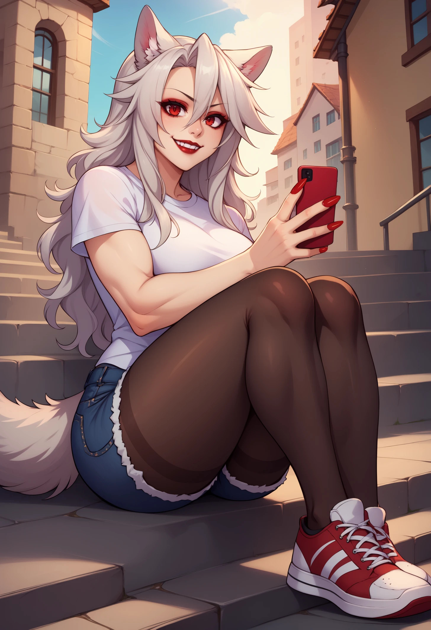 score_9, score_8_up, score_7_up, detailed, BREAK 1girl, solo, ferania, wolf girl, red eyes, animal ears, makeup, lipstick, red nails, wolf tail, long hair, hair between eyes, silver hair, large breasts, <lora:FeraniaWolfenstahlPDXL_V1-Manityro-CAME:1.0>,
outdoors, city, stairs,
looking at viewer, toned, smile, sitting, wide shot, dutch angle, side view, holding smartphone,
graphic t-shirt, white t-shirt, denim shorts, pantyhose, sneakers,