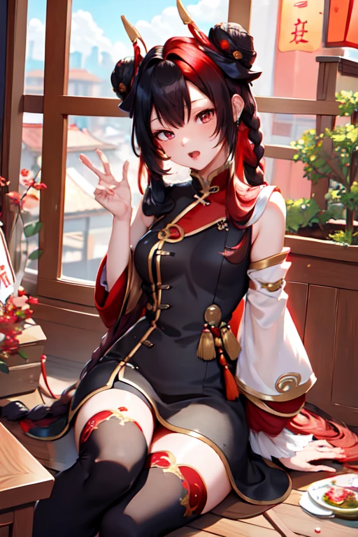 1girl,multicolored hair,red hair,black hair,red eyes,long hair,dress,breasts,open mouth,mythmakergwen,hair ornament,solo,looking at viewer,thighhighs,detached sleeves,jewelry,closed eyes,hair bun,double bun,red lips,red nails,bangs,hair rings,split-color hair,two-tone hair,sitting,makeup,night,streaked hair,very long hair,twin braids,one eye closed,fingernails,sharp fingernails,window,chinese clothes,portrait,toes,nail polish,red thighhighs,<lora:mythmakerGwen:0.7>,<lora:goodhands_Beta_Gtonero:1>,<lora:GoodHands-vanilla:1>,