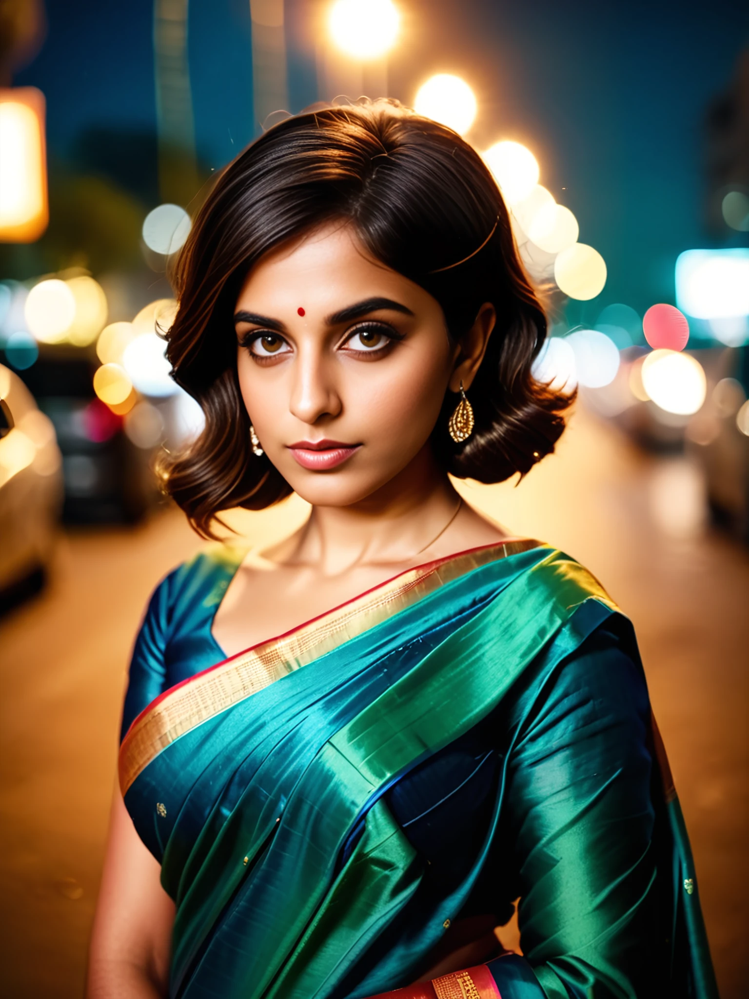 cinematic photo portrait of desi woman wearing Kanjeevaram Silk Saree,short unkempt hair with bangs, pouty lips, analog 35mm photograph, film, professional photography, night time, city lights in bokeh