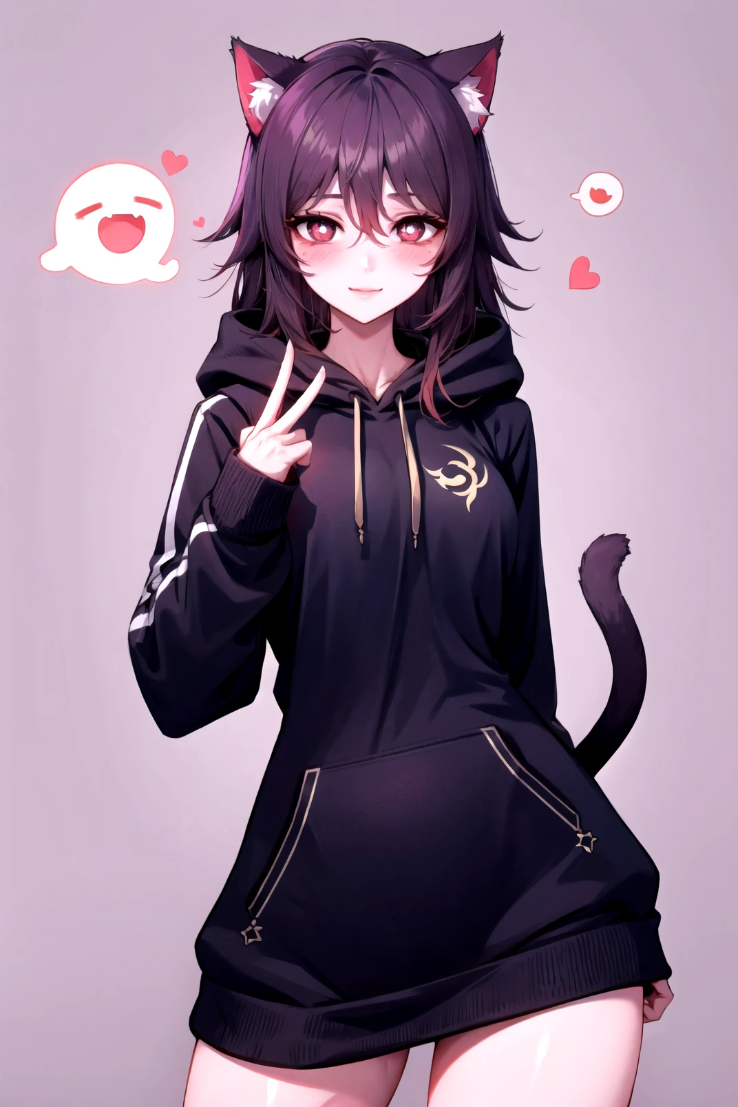(masterpiece, best quality),<lora:hutao_v2:0.8>,hu tao(genshin impact),boo tao,symbol shaped pupils,long hoodie, cat ears,simple background, cute pose, cute female,spoken heart, blush,light smile,