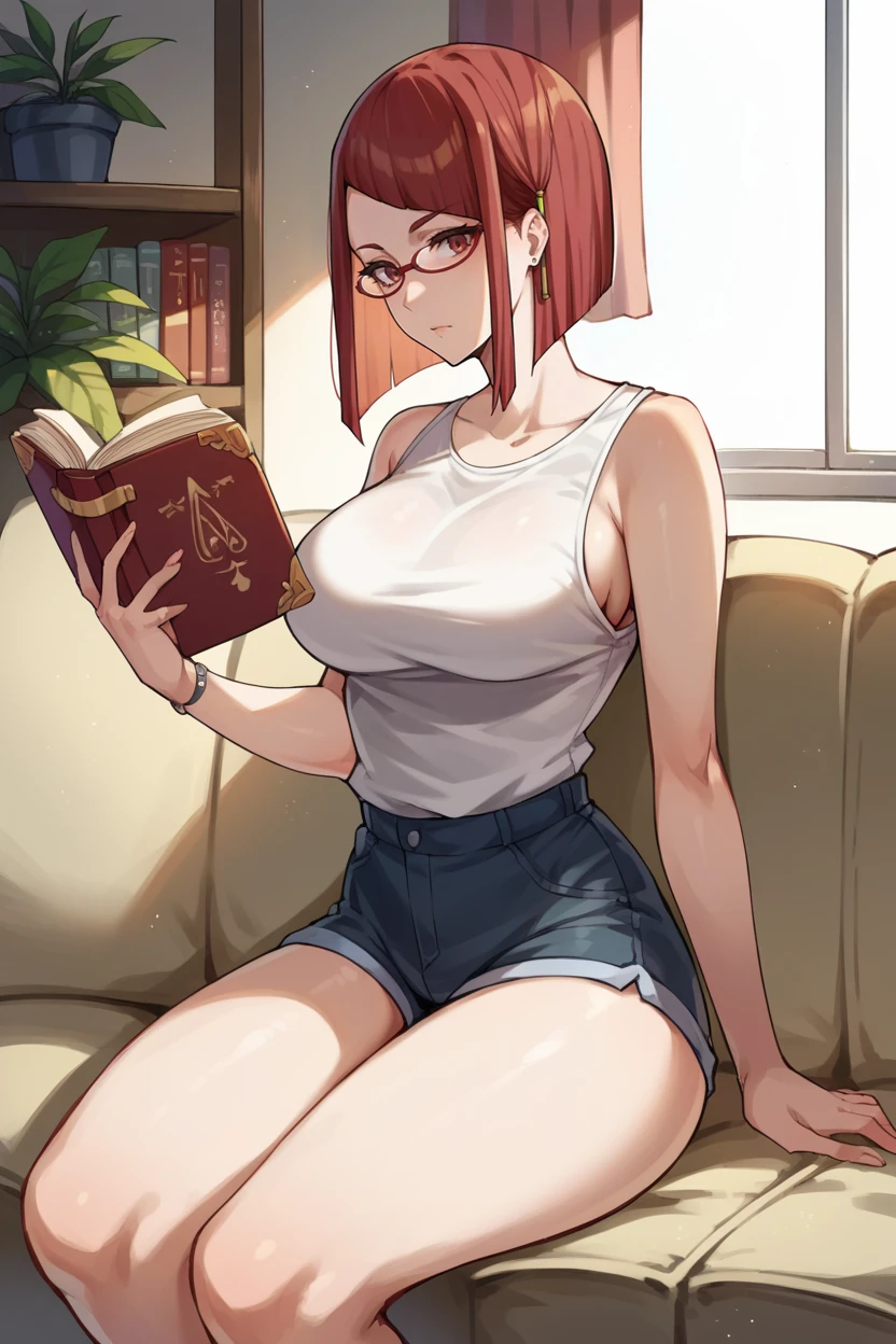 score_9, score_8_up, score_7_up, score_6_up, source_anime BREAK 1girl, solo,  <lora:femiriel-pdxl-nvwls-v1-000005:1> miriel, red hair, glasses, white tank top, large breasts, short shorts, sitting, couch, reading book, living room