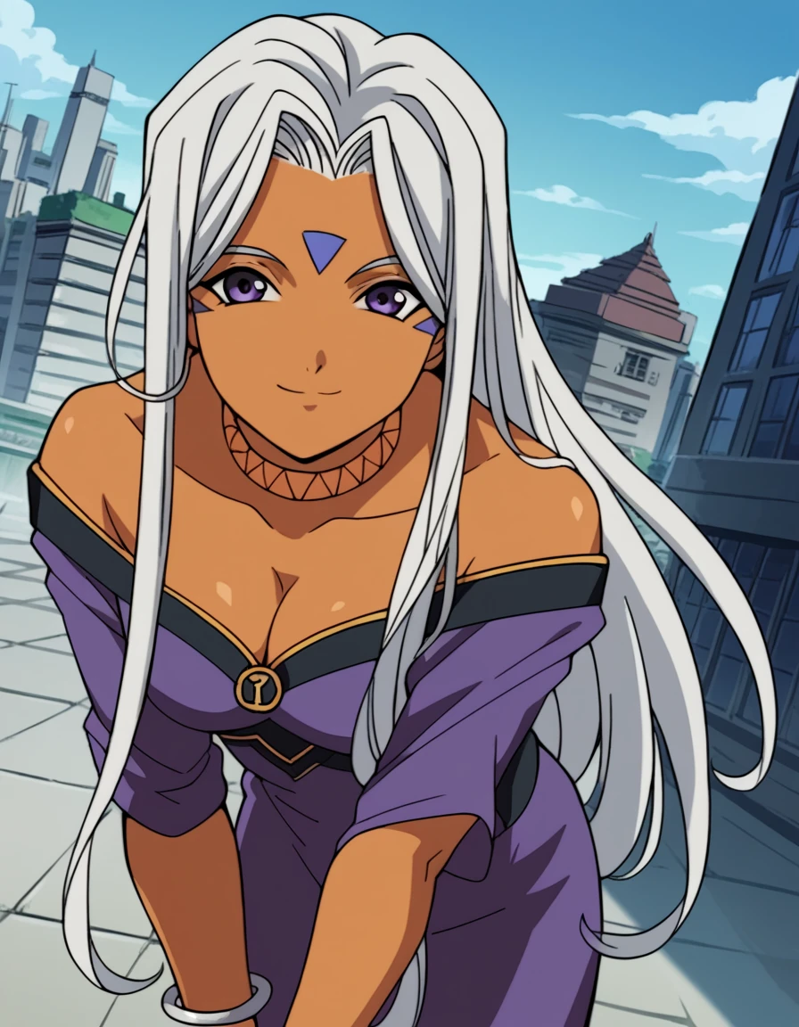 score_9, score_8_up, score_7_up, source_anime,
goddessurd, <lora:goddess-urd-s2-ponyxl-lora-nochekaiser:1>,
goddess urd, long hair, purple eyes, white hair, dark skin, dark-skinned female, facial mark, forehead mark,
cleavage, bare shoulders, jewelry, choker, off shoulder, bracelet, dress, purple dress,
outdoors, cityscape, smile, bent over,
looking at viewer, cowboy shot, solo, dutch angle,