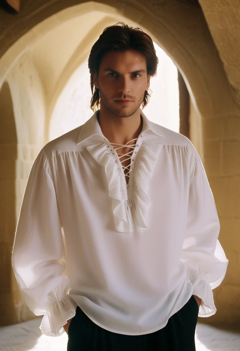 cinematic still PRTSHIRT, white ruffle shirt, drawstring, male focus, close-up, black pants, looking at viewer, in a sunny medieval castle . emotional, harmonious, vignette, 4k epic detailed, shot on kodak, 35mm photo, sharp focus, high budget, cinemascope, moody, epic, gorgeous, film grain, grainy, PRTSHIRT, white ruffle shirt, drawstring, male focus, close-up, black pants, looking at viewer, in a sunny medieval castle, classic, detailed, intricate, highly decorated, complex, colorful, sharp, original, vivid colors, ambient, amazing, symmetry, fine detail, beautiful, full color, cinematic, dynamic, elegant, pretty