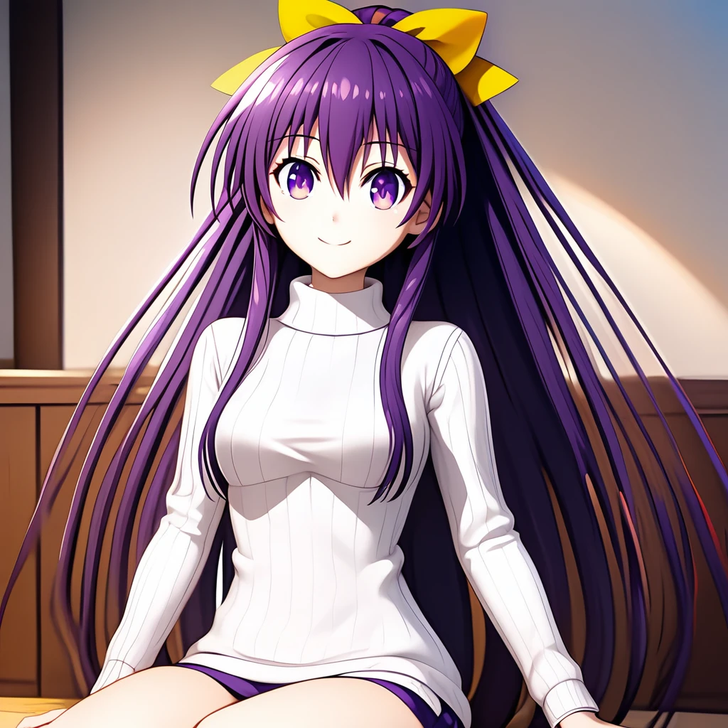 (extremely detailed CG unity 4k wallpaper),(masterpiece),(best quality),(ultra-detailed),(best illustration),(best shadow),(absurdres),(detailed background) Tohka Yatogami, 1girl, solo, bow, long hair, hair bow, smile, purple hair, yellow bow, purple eyes, ponytail, breasts, hair between eyes, sweater, very long hair, turtleneck, upper body, hair ornament, sitting, looking at viewer, white sweater, medium breasts, indoors, bangs, anime coloring