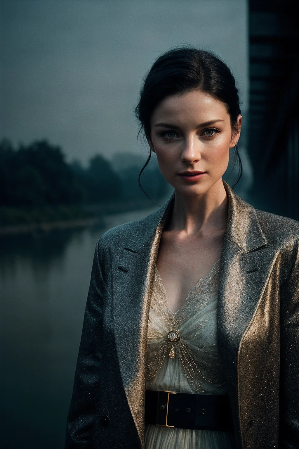 CaitrionaB_SoloTI_v1,
(In an elegant, tailored coat, adorned with a vintage brooch, exuding a timeless and graceful charm), (On a misty bridge at dusk, with lampposts casting a soft glow and the river flowing quietly beneath, enveloping the moment in poignant nostalgia:1.3), (seductive:1.3),(analog, cinematic, film grain, hazy atmosphere, cinematic shot:1.3),
<lora:add_detail:0.8>, PA7_Portrait-MCU,