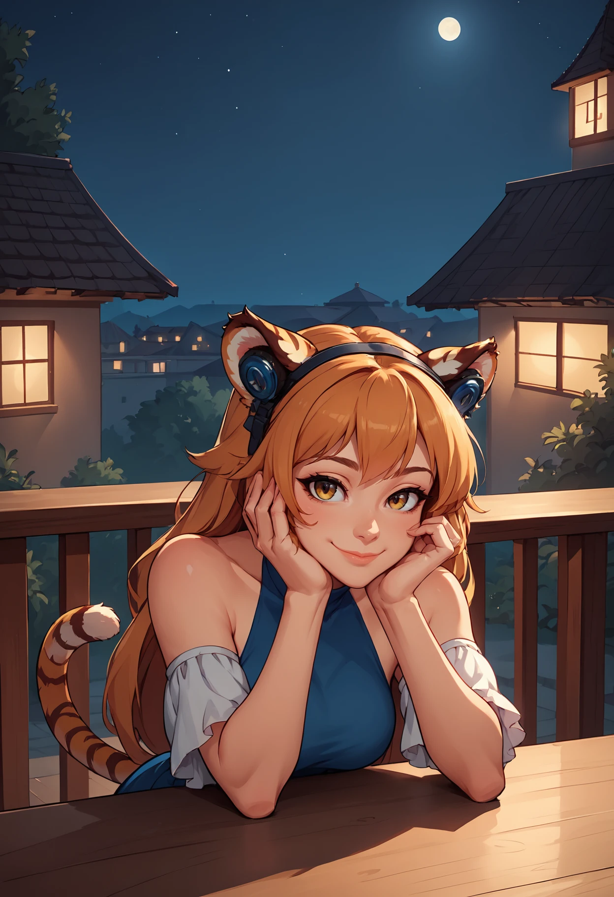 score_9, score_8_up, score_7_up,soft shadows, rating_safe BREAK
tiger ears, tiger girls, halter dress, night, evening, balcony, smile, headphones-for-animal-ears,headphones, arm support, smile, sitting across table, pov, listening to music, relaxed, hands to own cheek, manor, bent over
<lora:Headphones for animal ears (pony) v1:1>