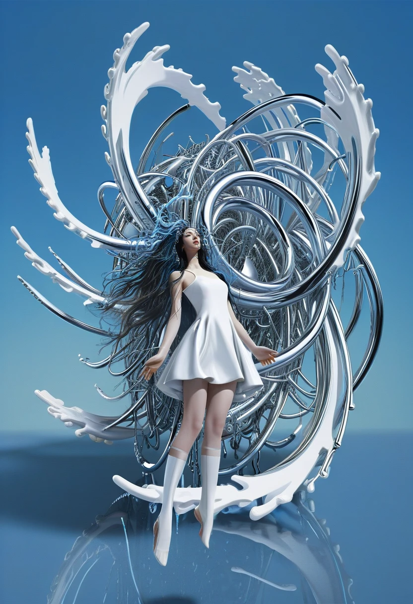 <lora:Editorial_Styles_SDXL:0.7> surreal art, digital art, futuristic art, cybernetic, chrome, metallic, abstract structure, female figure, white dress, flowing hair, intricate design, surrealism, fantasy, avant-garde, CG art, cyber aesthetic, floating pose, blue background, shiny, modern art, concept art, high contrast, glossy texture, sci-fi art, immersive, digital rendering, stylish, innovative, surreal composition, visual art, imaginative, contemporary art, artistic expression, artificial elements